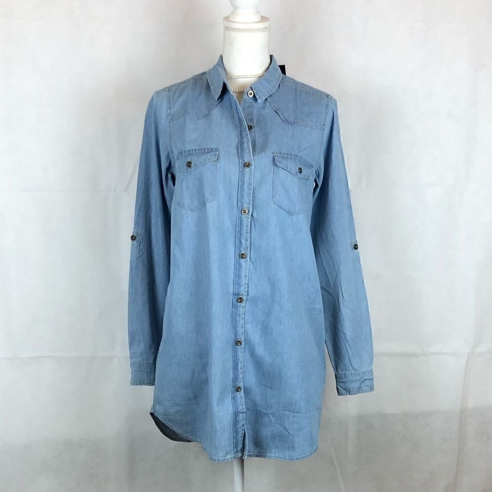 Timing Button Up Denim Collared Top Rollup…
